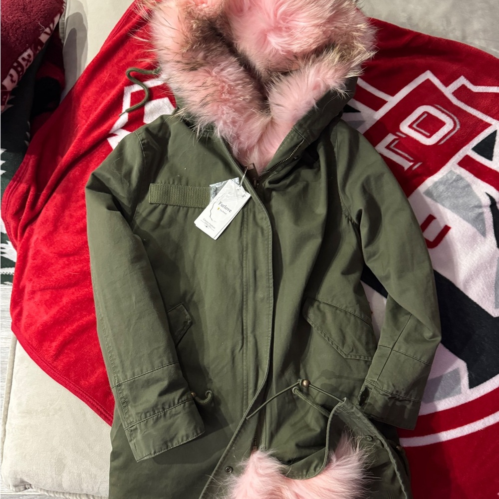 Mr & Mrs Italy Green Ski Jacket with Pink Fur Trim